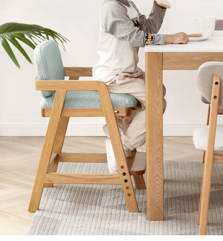 Oak Solid Wood Adjustable Height Kids Chair with Soft Washable Seat Mint Green or Pink Study Dining Chair