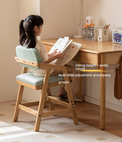 Oak Solid Wood Adjustable Height Kids Chair with Soft Washable Seat Mint Green or Pink Study Dining Chair