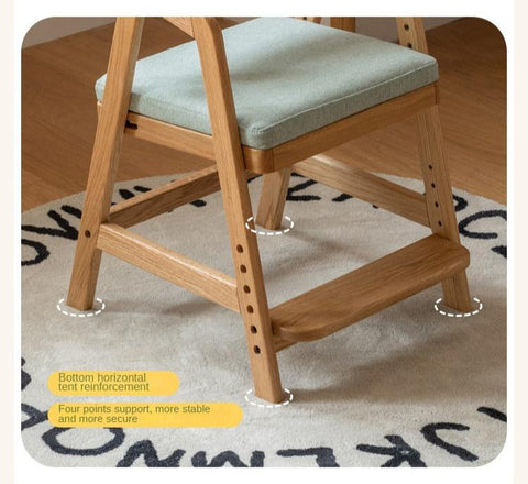 Oak Solid Wood Adjustable Height Kids Chair with Soft Washable Seat Mint Green or Pink Study Dining Chair