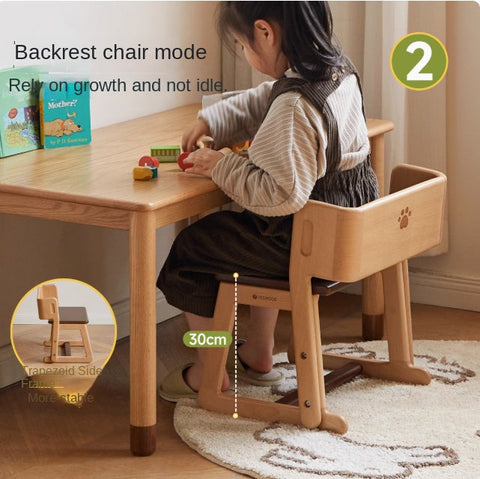 Beech Solid Wood Convertible Kids Chair Natural Multi Function Step Ladder Stool with Backrest