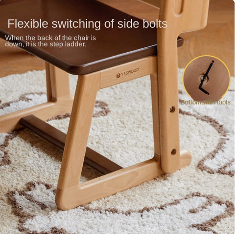 Beech Solid Wood Convertible Kids Chair Natural Multi Function Step Ladder Stool with Backrest
