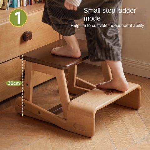 Beech Solid Wood Convertible Kids Chair Natural Multi Function Step Ladder Stool with Backrest