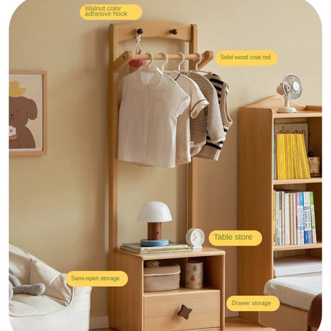 Beech Solid Wood Kids Nightstand With Clothes Rack