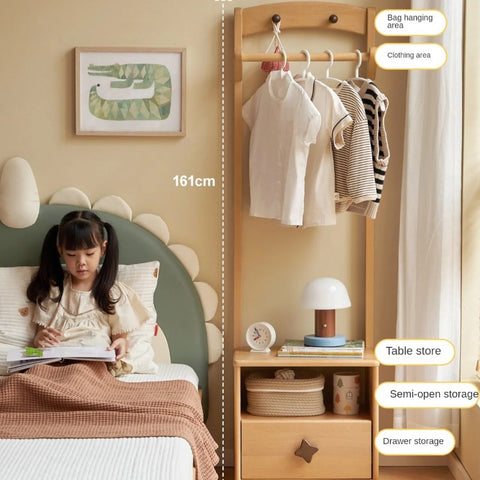 Beech Solid Wood Kids Nightstand With Clothes Rack