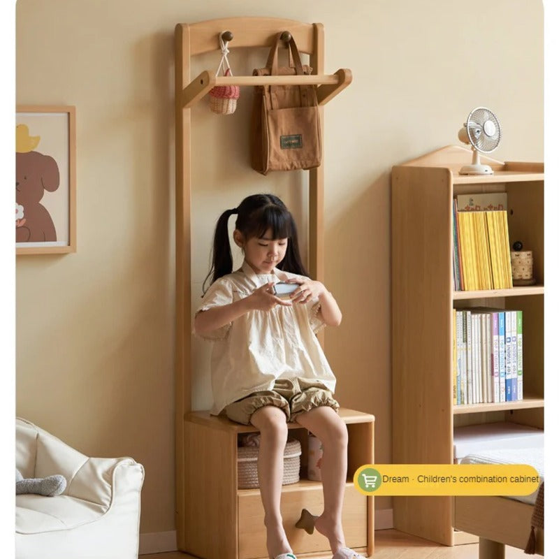 Beech Solid Wood Kids Nightstand With Clothes Rack