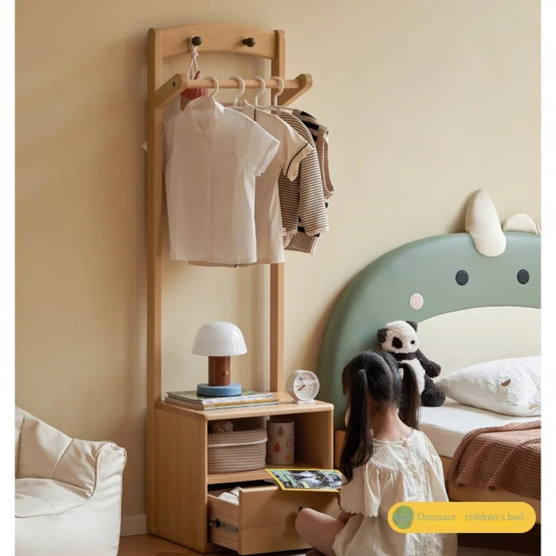 Beech Solid Wood Kids Nightstand With Clothes Rack