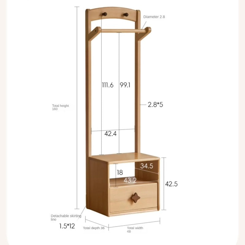 Beech Solid Wood Kids Nightstand With Clothes Rack