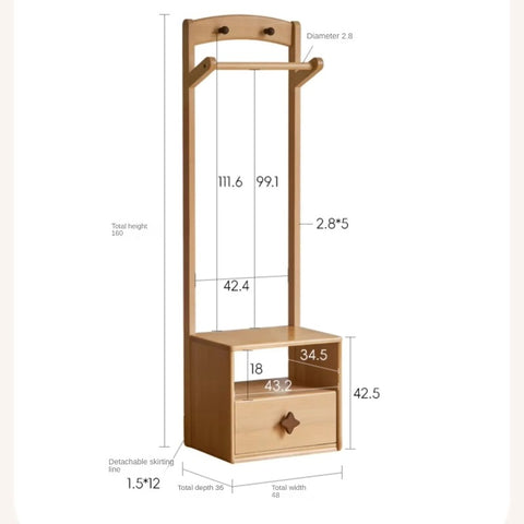 Beech Solid Wood Kids Nightstand With Clothes Rack