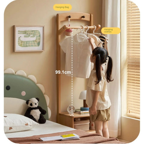 Beech Solid Wood Kids Nightstand With Clothes Rack