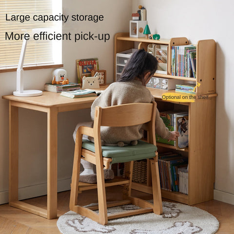 Beech Solid Wood Childrens Corner Desk Natural Study Table with Integrated Bookcase & Storage