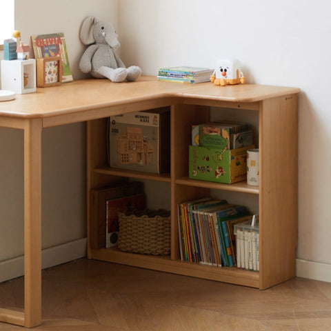 Beech Solid Wood Childrens Corner Desk Natural Study Table with Integrated Bookcase & Storage