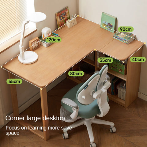 Beech Solid Wood Childrens Corner Desk Natural Study Table with Integrated Bookcase & Storage