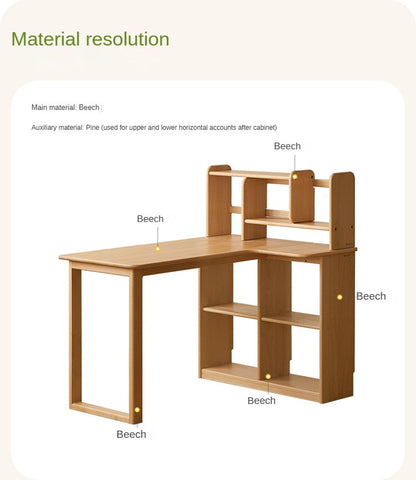 Beech Solid Wood Childrens Corner Desk Natural Study Table with Integrated Bookcase & Storage