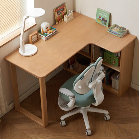 Beech Solid Wood Childrens Corner Desk Natural Study Table with Integrated Bookcase & Storage