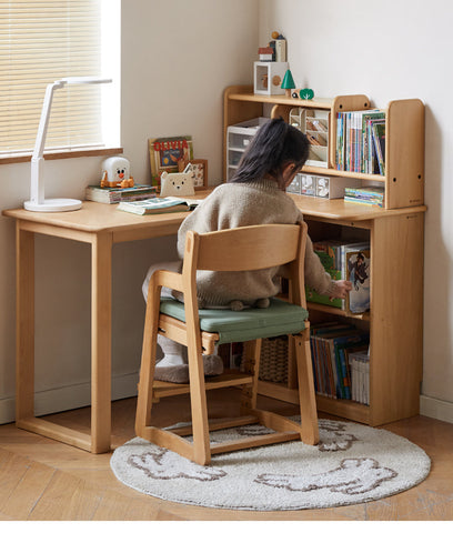 Beech Solid Wood Childrens Corner Desk Natural Study Table with Integrated Bookcase & Storage