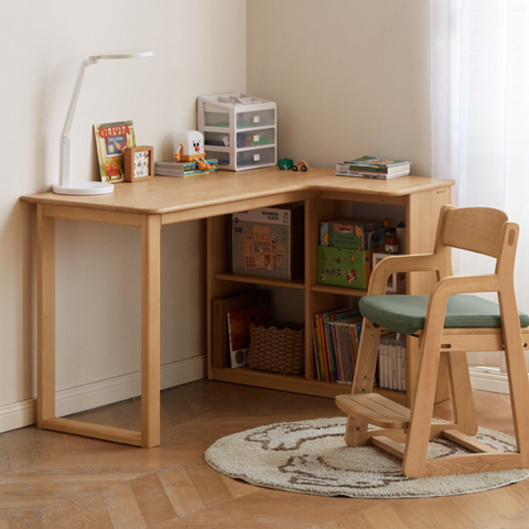 Beech Solid Wood Childrens Corner Desk Natural Study Table with Integrated Bookcase & Storage