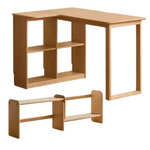 Beech Solid Wood Childrens Corner Desk Natural Study Table with Integrated Bookcase & Storage