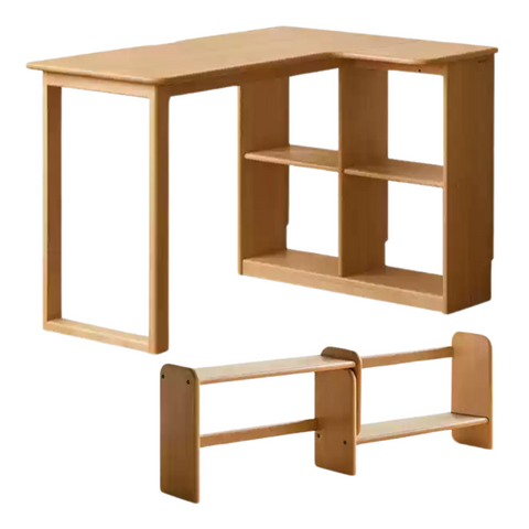 Beech Solid Wood Childrens Corner Desk Natural Study Table with Integrated Bookcase & Storage