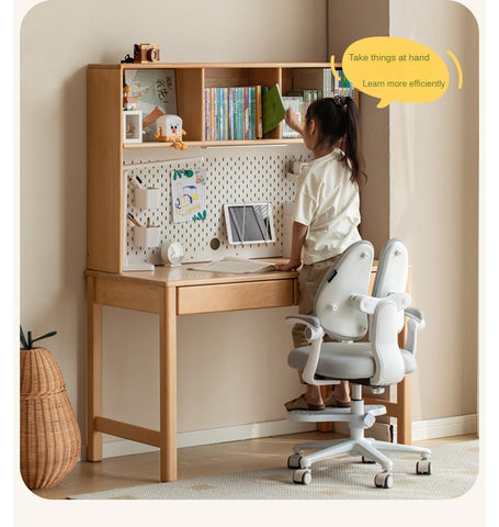 Beech Solid Wood & Rubberwood Kids Desk with Bookcase Natural Finish Writing Study Table