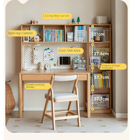 Beech Solid Wood & Rubberwood Kids Desk with Bookcase Natural Finish Writing Study Table