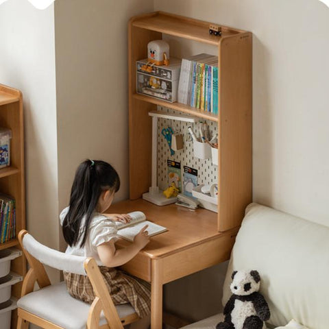 Beech and Rubber Solid Wood Kids Study Desk with Integrated Bookshelf Natural Finish Corner Storage