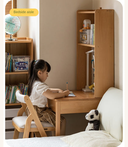 Beech and Rubber Solid Wood Kids Study Desk with Integrated Bookshelf Natural Finish Corner Storage