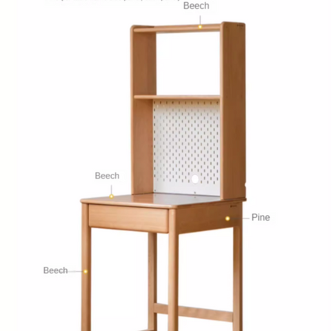 Beech and Rubber Solid Wood Kids Study Desk with Integrated Bookshelf Natural Finish Corner Storage