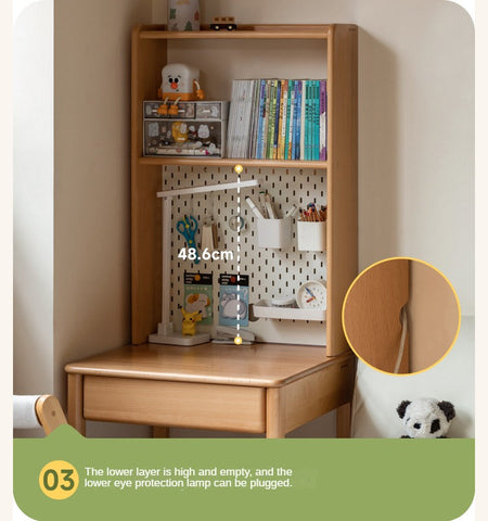 Beech and Rubber Solid Wood Kids Study Desk with Integrated Bookshelf Natural Finish Corner Storage