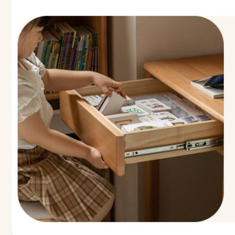 Beech and Rubber Solid Wood Kids Study Desk with Integrated Bookshelf Natural Finish Corner Storage