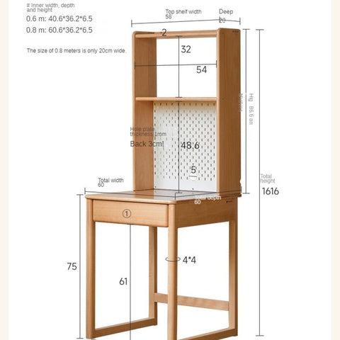 Beech and Rubber Solid Wood Kids Study Desk with Integrated Bookshelf Natural Finish Corner Storage