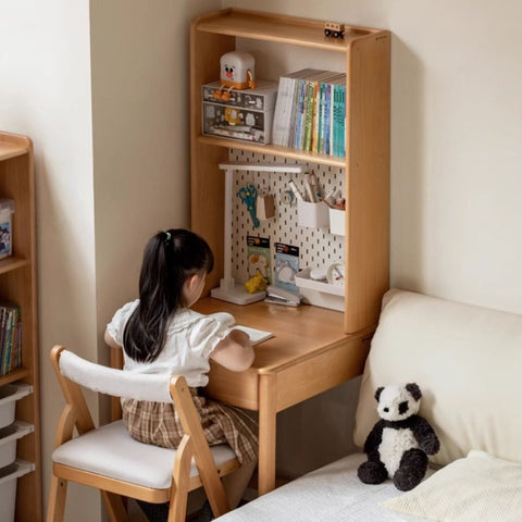 Beech and Rubber Solid Wood Kids Study Desk with Integrated Bookshelf Natural Finish Corner Storage