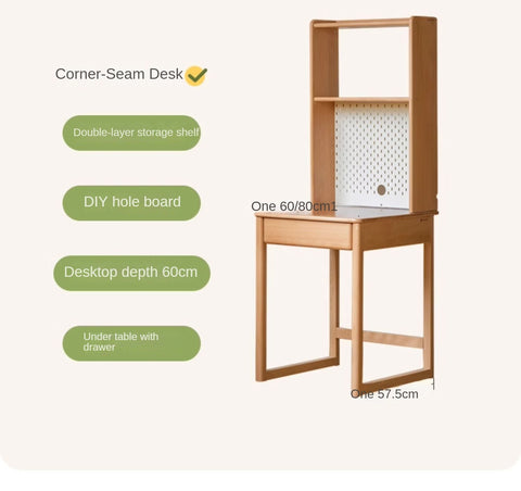 Beech and Rubber Solid Wood Kids Study Desk with Integrated Bookshelf Natural Finish Corner Storage