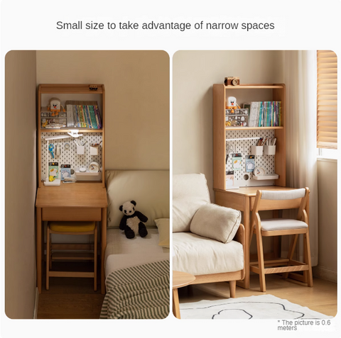 Beech and Rubber Solid Wood Kids Study Desk with Integrated Bookshelf Natural Finish Corner Storage