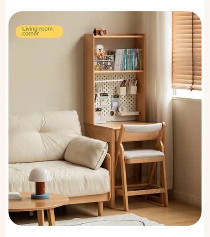 Beech and Rubber Solid Wood Kids Study Desk with Integrated Bookshelf Natural Finish Corner Storage