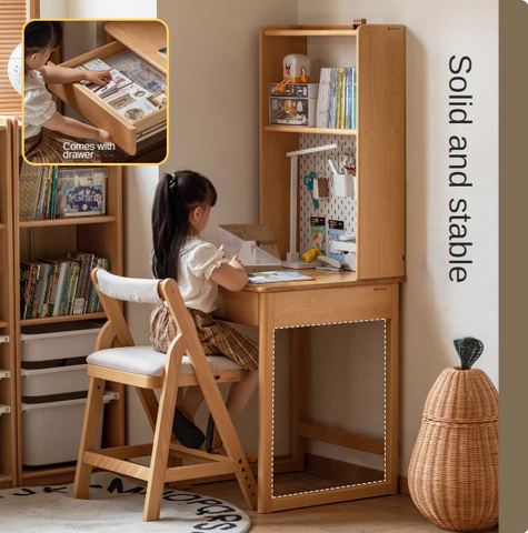 Beech and Rubber Solid Wood Kids Study Desk with Integrated Bookshelf Natural Finish Corner Storage