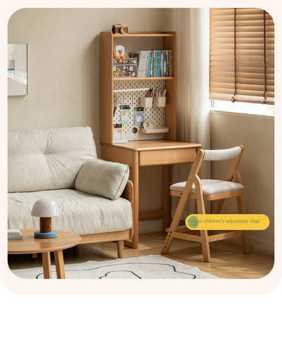 Beech and Rubber Solid Wood Kids Study Desk with Integrated Bookshelf Natural Finish Corner Storage