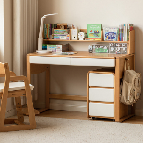 Beech Solid Wood Adjustable Height Childrens Study Desk with Bookcase and Integrated Storage Light Natural Finish