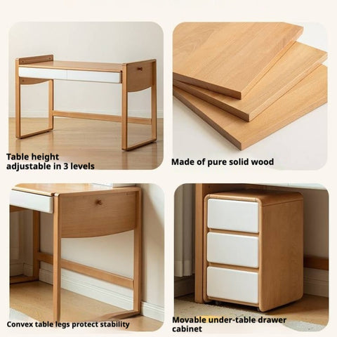Beech Solid Wood Adjustable Height Childrens Study Desk with Bookcase and Integrated Storage Light Natural Finish