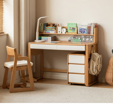 Beech Solid Wood Adjustable Height Childrens Study Desk with Bookcase and Integrated Storage Light Natural Finish