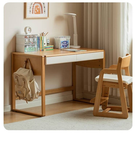 Beech Solid Wood Adjustable Height Childrens Study Desk with Bookcase and Integrated Storage Light Natural Finish