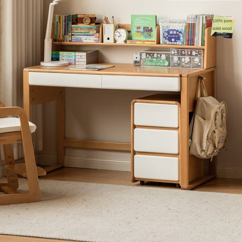 Beech Solid Wood Adjustable Height Childrens Study Desk with Bookcase and Integrated Storage Light Natural Finish