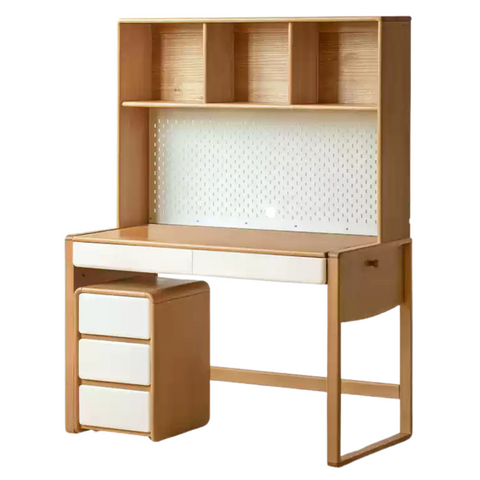 Beech Solid Wood Adjustable Height Childrens Study Desk with Bookcase and Integrated Storage Light Natural Finish