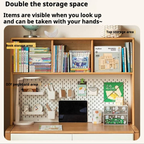 Beech Solid Wood Adjustable Height Childrens Study Desk with Bookcase and Integrated Storage Light Natural Finish