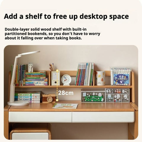 Beech Solid Wood Adjustable Height Childrens Study Desk with Bookcase and Integrated Storage Light Natural Finish
