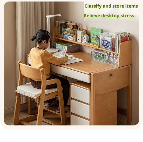 Beech Solid Wood Adjustable Height Childrens Study Desk with Bookcase and Integrated Storage Light Natural Finish