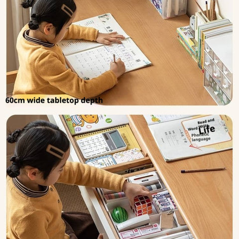 Beech Solid Wood Adjustable Height Childrens Study Desk with Bookcase and Integrated Storage Light Natural Finish