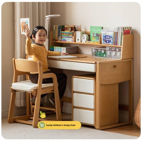 Beech Solid Wood Adjustable Height Childrens Study Desk with Bookcase and Integrated Storage Light Natural Finish