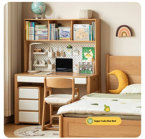 Beech Solid Wood Adjustable Height Childrens Study Desk with Bookcase and Integrated Storage Light Natural Finish