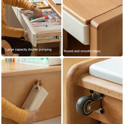 Beech Solid Wood Adjustable Height Childrens Study Desk with Bookcase and Integrated Storage Light Natural Finish