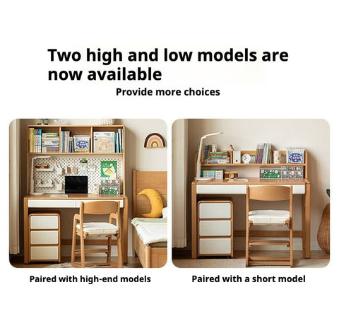 Beech Solid Wood Adjustable Height Childrens Study Desk with Bookcase and Integrated Storage Light Natural Finish